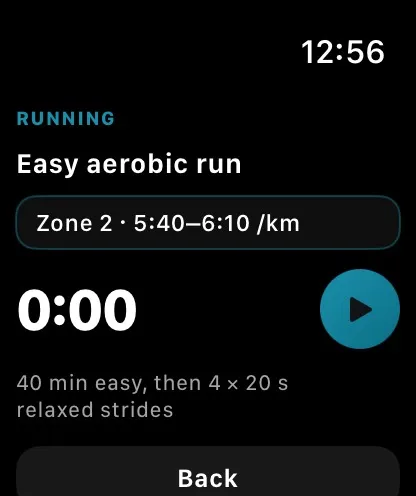 Apple Watch mit dem heutigen Training: lockerer Dauerlauf, Zone 2, 5:40 bis 6:10 pro Kilometer.